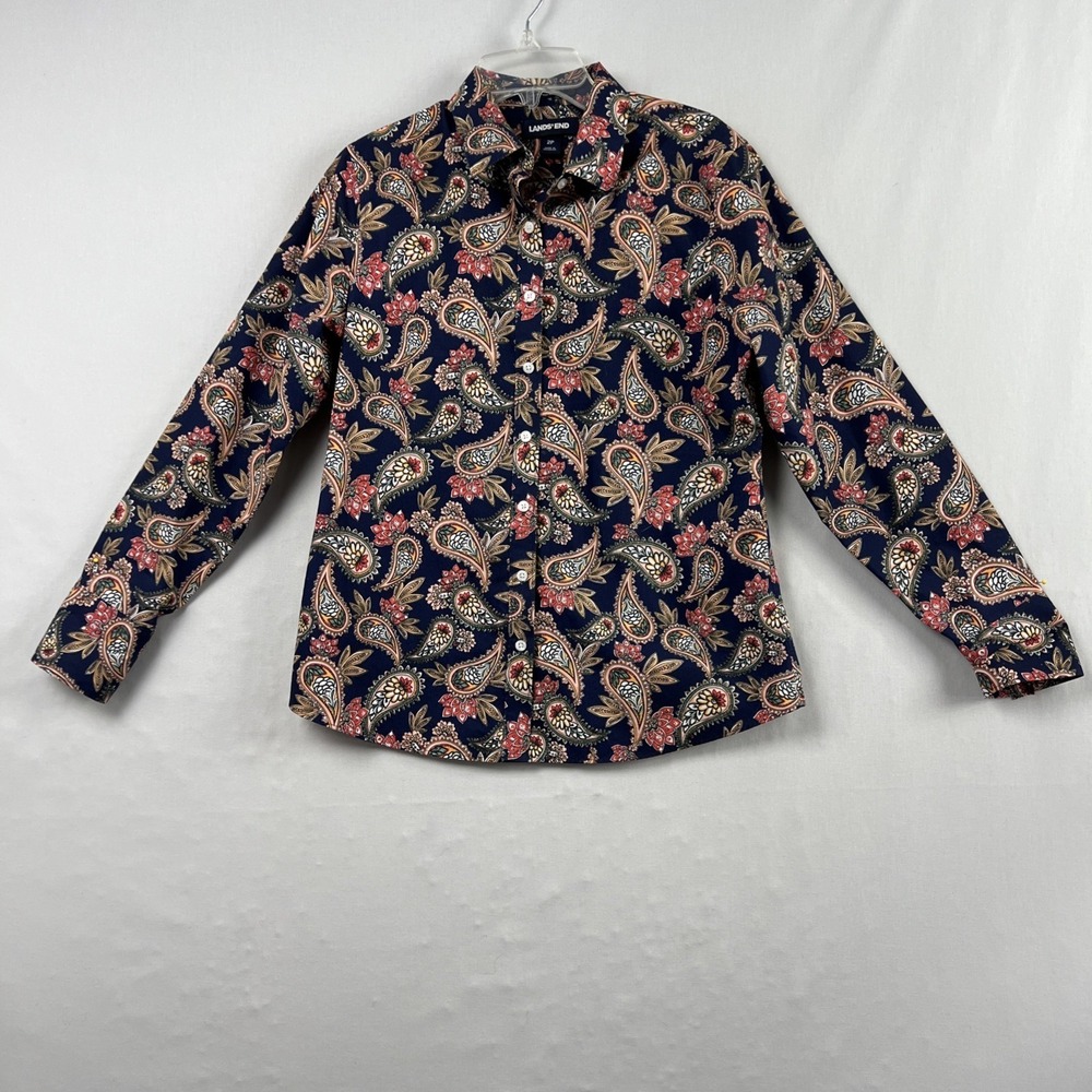Lands End Button Up Blouse size 2P Petite No Iron Shirt Supima Cotton Paisley